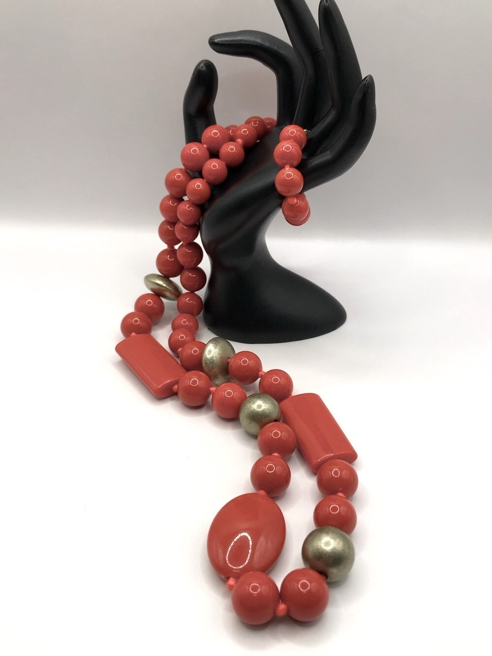 Talbots Coral Color Acrylic Bead Necklace with Gold-Tone Accents